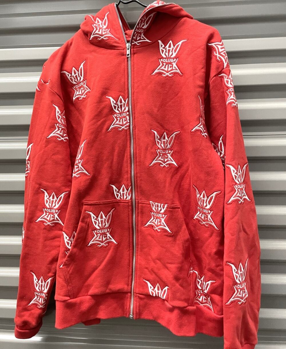 Bad Luck Club Hoodie Mens L Red Allover Logo Embroidered Full Zip Streetwear
